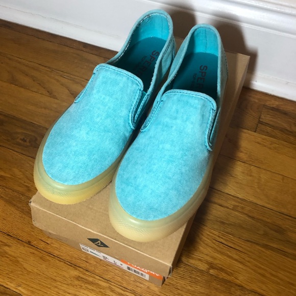 New In Box! Sperry Slip-On Sneaker With Memory Foam In Fun Turquoise Color - Picture 15 of 15